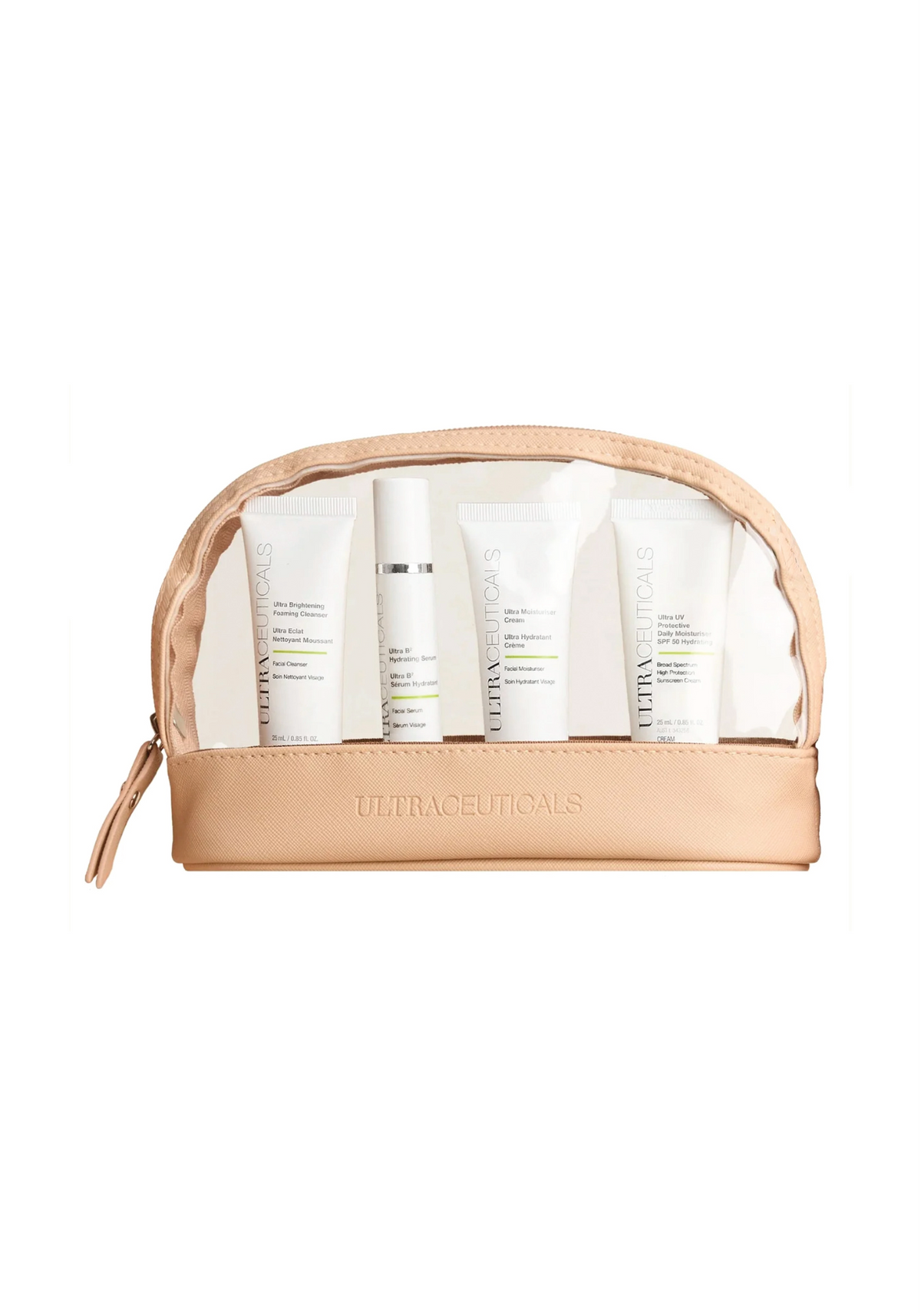 Ultraceuticals Travel Essentials Set featuring four travel-sized skincare products in a cosmetic bag.
